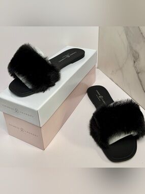 Chinese Laundry Midnight Faux Fur Slide Sandals Black Size 7 NIB